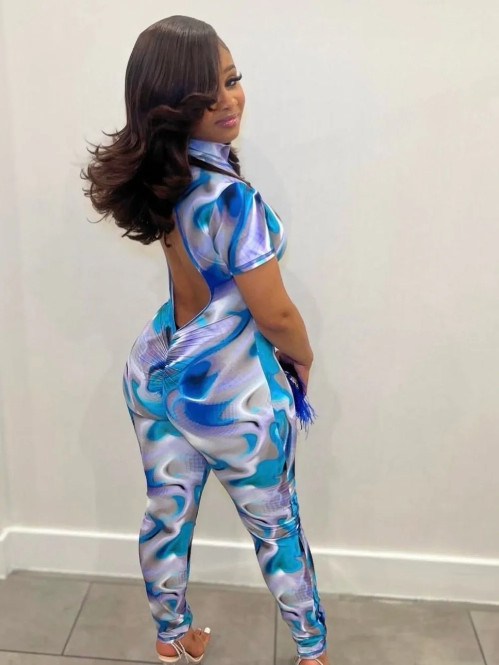 Jlorraine Blue Marble Print Short-Sleeve Jumpsuit